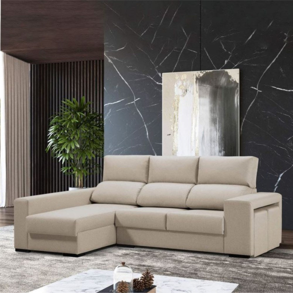 Sofá de Canto Marbella com Chaise Longue, Arrumação e Puffs - Bege