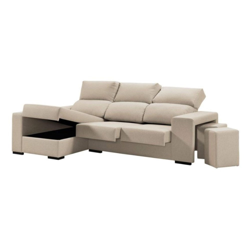 Sofá de Canto Marbella com Chaise Longue, Arrumação e Puffs - Bege
