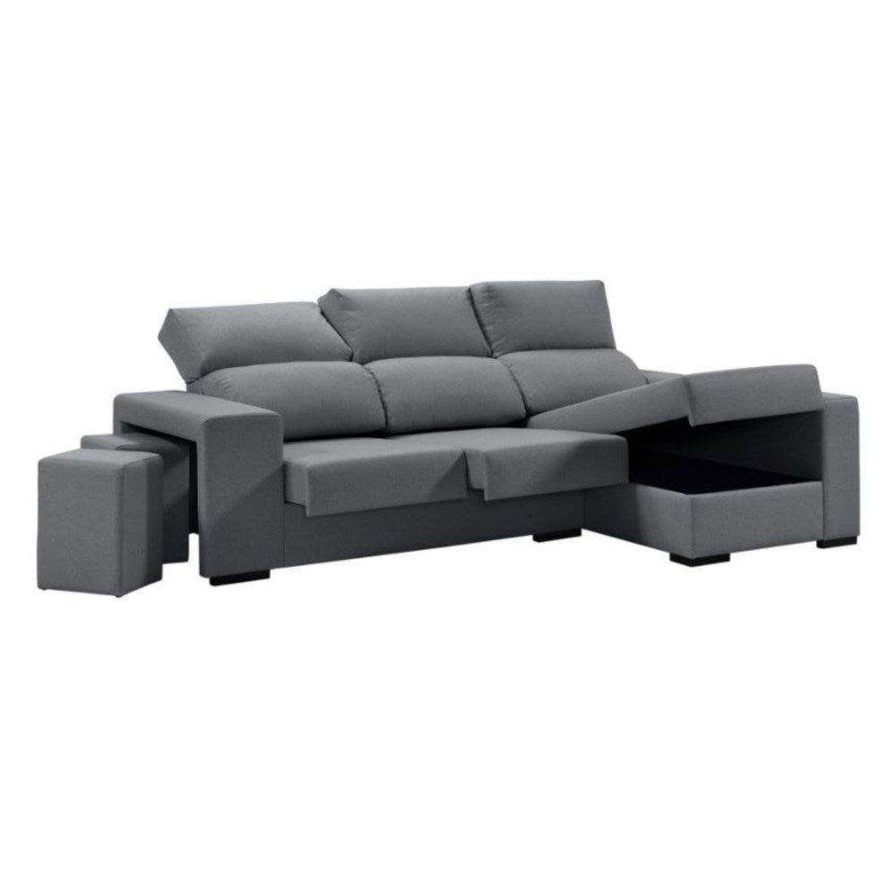 Sofá de Canto Marbella com Chaise Longue, Arrumação e Puffs - Cinza