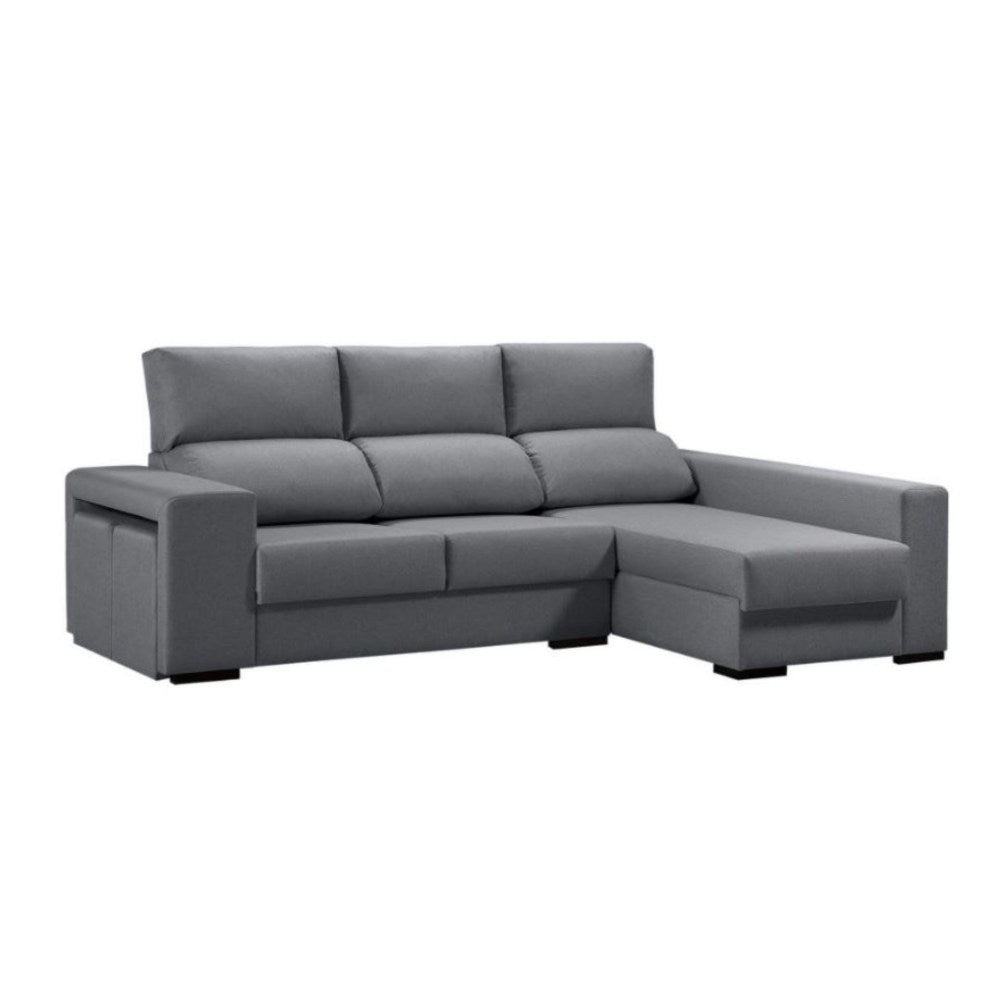 Sofá de Canto Marbella com Chaise Longue, Arrumação e Puffs - Cinza