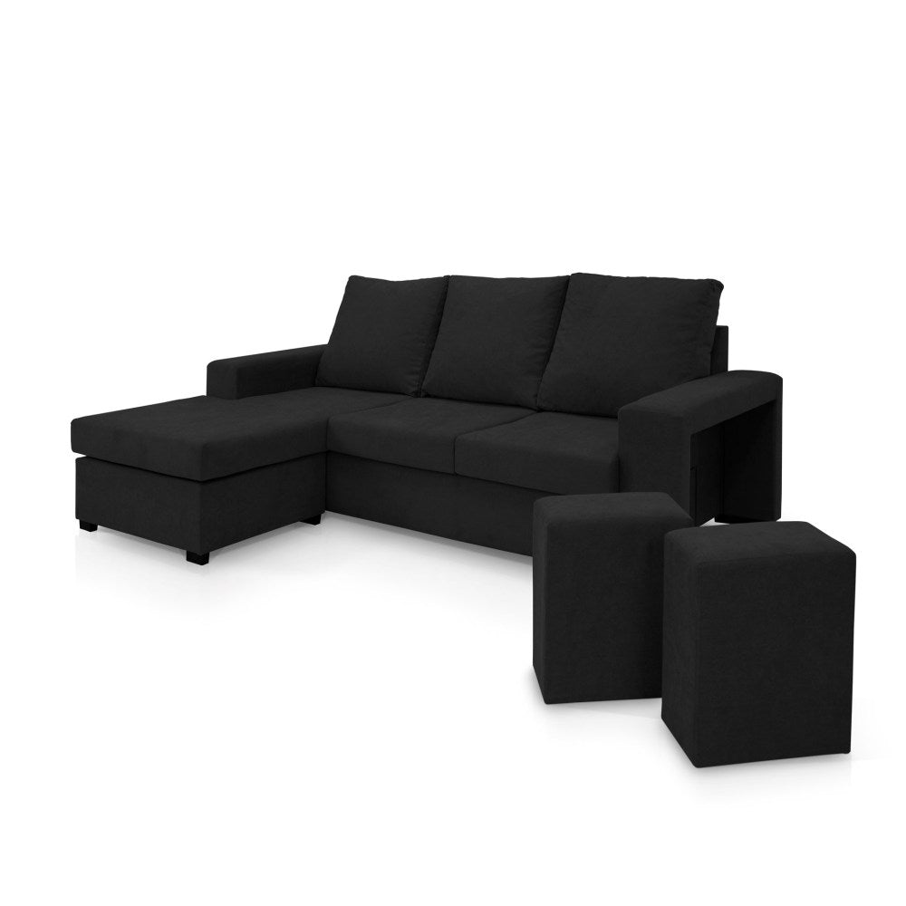 Sofá de Canto Liz com Chaise Longue e Puffs - Preto