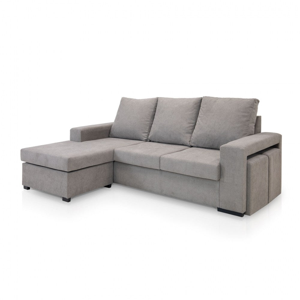 Sofá de Canto Liz com Chaise Longue e Puffs - Toupe