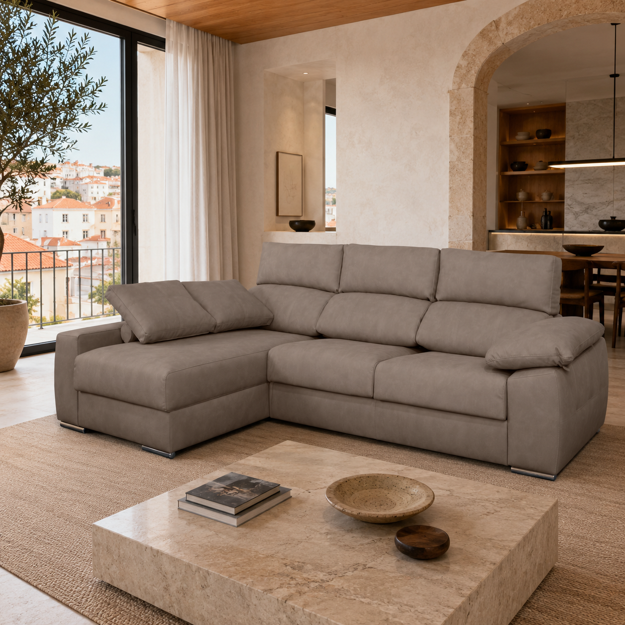 Sofá de Canto Compostela com Chaise Longue Reversível e Arrumação - Toupe